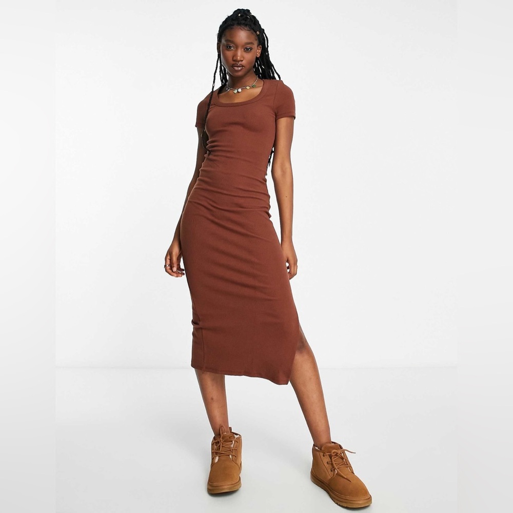 Cotton On Ribbed Midi Bodycon Dress Brown Short Sleeve Size Large - Picture 1 of 6